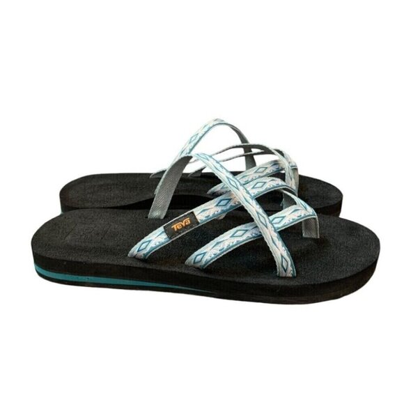 Teva olowahu Sandals Womens 8 Teal Blue Black Flip Flips Shoes Patterned - Picture 2 of 7
